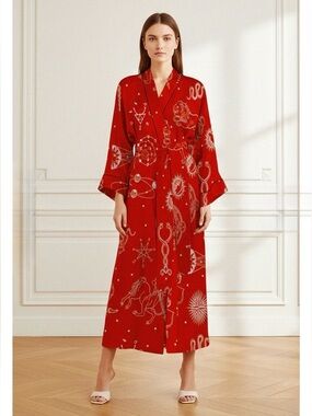 Kyle Richards X Shahida Red Midi Length Silk Kimono Robe